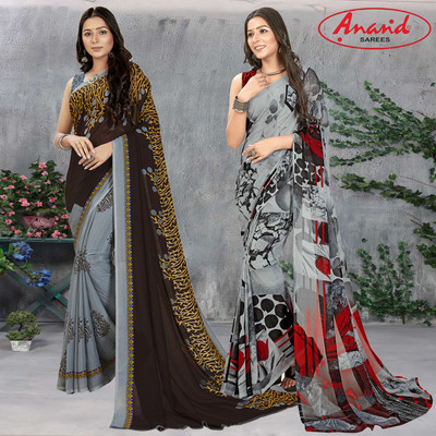 Anand Sarees Floral Print Daily Wear Georgette Saree(Pack of 2, Brown, Grey, Multicolor)