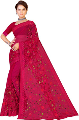manvaa Embroidered Daily Wear Net Saree(Magenta)