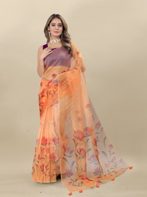 VERCO Digital Print Bollywood Organza Saree(Orange)