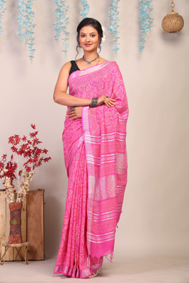 Anuttara Blocked Printed Bhagalpuri Cotton Linen Saree(Pink)