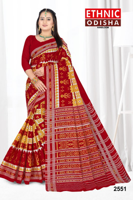 ETHNIC SAREES Bharat Printed, Checkered, Graphic Print Sambalpuri Pure Cotton Saree(White)