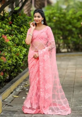 NIYANTAKSH Embroidered Kalamkari Net Saree(Pink)