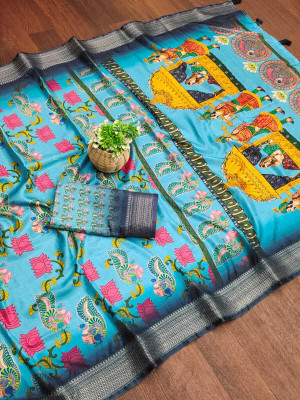 ALAGINI Digital Print Gadwal Cotton Blend Saree(Light Blue)