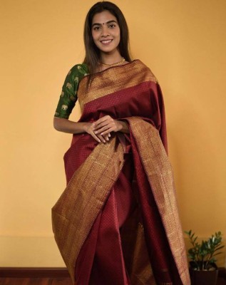 KRIYANSH Striped Banarasi Jacquard, Cotton Silk Saree(Maroon)