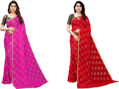 FABMORA Printed Bollywood Chiffon Saree(Red, Pink)