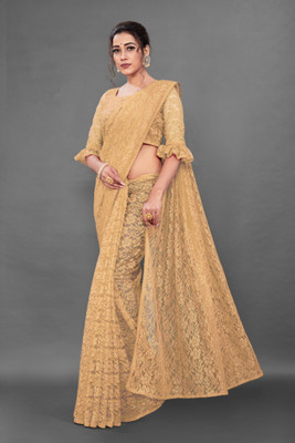 Paanthcreation Solid/Plain Bollywood Net Saree(Cream)