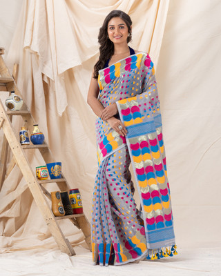 angoshobha Solid/Plain Handloom Cotton Blend Saree(Grey)