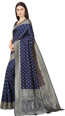 Rudr Ventures Embroidered Banarasi Jacquard Saree(Dark Blue)