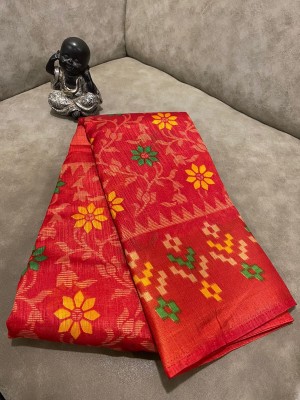 Suali Floral Print Patola Cotton Blend Saree(Red)