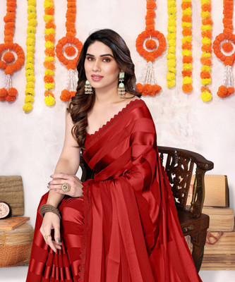 SUBHAM Striped, Solid/Plain Bollywood Georgette Saree(Red)