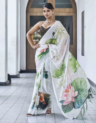 Panchvati NX Digital Print Bollywood Georgette Saree(White, Green)