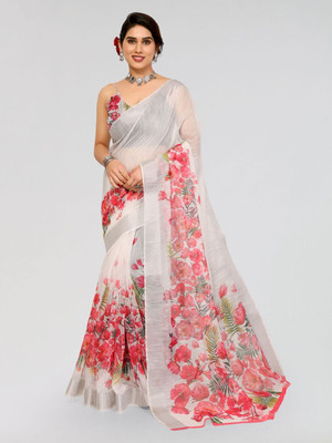 Moda Rapido Printed Bollywood Cotton Blend Saree(White)