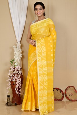 DipDiya Embellished, Checkered, Self Design, Woven Tant Pure Cotton Saree(Yellow)