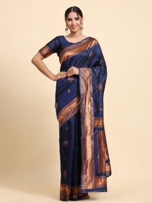 Indesa Floral Print Banarasi Silk Blend Saree(Blue)