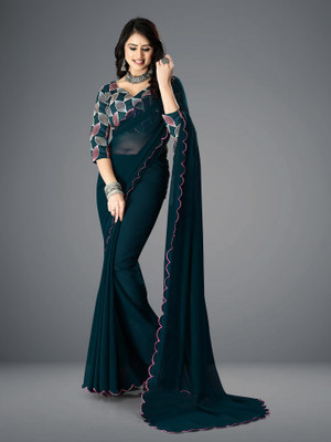JenaFashion Solid/Plain Kanjivaram Silk Blend, Chiffon Saree(Green)