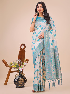Tasrika Woven Banarasi Cotton Linen Saree(White, Blue)