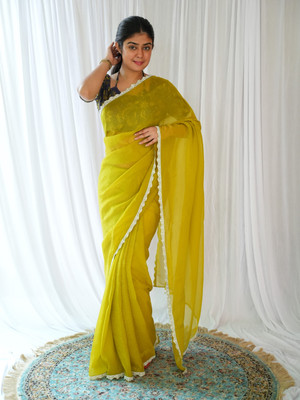 LeeliPeeri Designer Solid/Plain, Embroidered Bollywood Silk Blend Saree(Yellow)
