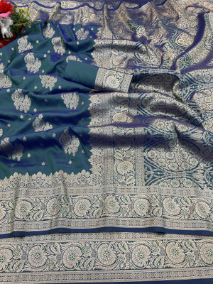 KanjiQueen Woven, Self Design Banarasi Silk Blend, Pure Silk Saree(Blue)