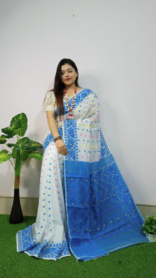 bongstyle Solid/Plain, Printed Handloom Cotton Blend Saree(Grey, Blue)