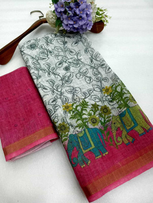 Saaransh Floral Print Kanjivaram Linen, Cotton Silk Saree(White)