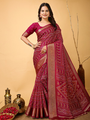 Divastri Printed Bandhani Silk Blend Saree(Pink)