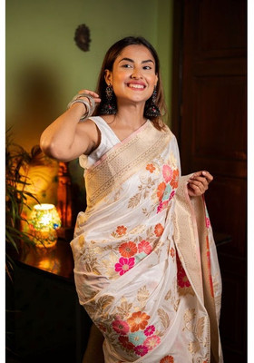 MAHADEV DESIGN Floral Print, Woven Banarasi Jacquard Saree(Cream)
