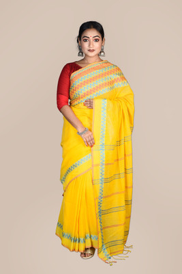 HouseOfCommon Self Design Handloom Cotton Blend Saree(Yellow)