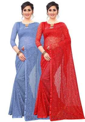 LOROFY Embellished Bollywood Net Saree(Pack of 2, Multicolor)