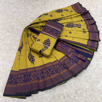 het designer studio Floral Print, Applique, Blocked Printed, Embroidered, Woven, Self Design Banarasi Jacquard, Art Silk Saree(Yellow, Blue)