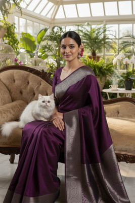 Afronza Woven, Self Design, Solid/Plain Banarasi Satin, Silk Blend Saree(Purple)