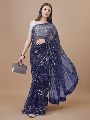 AKFABRICS Embellished Bollywood Lycra Blend Saree(Dark Blue)