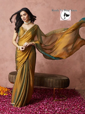 Vraggi Embellished, Embroidered, Solid/Plain Bollywood Chiffon, Pure Silk Saree(Gold)