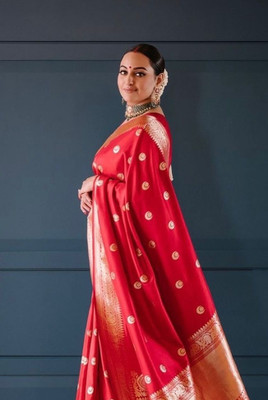 Dhruvil Impex Self Design Banarasi Silk Blend Saree(Red)