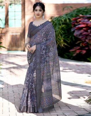 Divastri Digital Print, Printed, Embellished Bollywood Linen Saree(Grey, Multicolor)