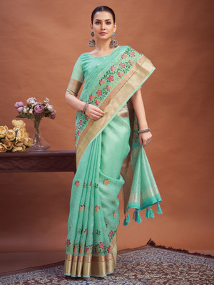 ANOUK Woven Bollywood Linen Saree(Light Blue)