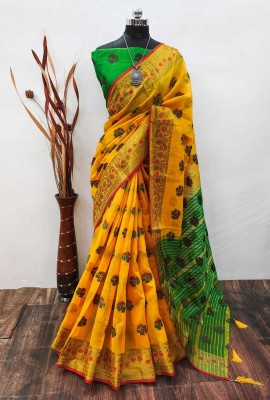 VAKHARIYAFAB Woven, Striped Banarasi Cotton Silk, Pure Cotton Saree(Yellow)