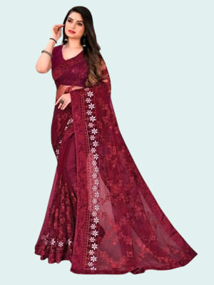 MRUTIENTERPRIS Embroidered Bollywood Net Saree(Maroon)