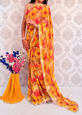 SILKSHOW Floral Print Bollywood Georgette Saree(Yellow)