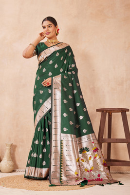 Heirlooms Printed Paithani Pure Silk Saree(Dark Green)