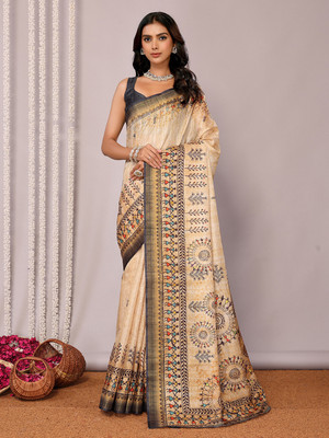 Janasya Printed, Floral Print Chanderi Silk Blend Saree(Beige)
