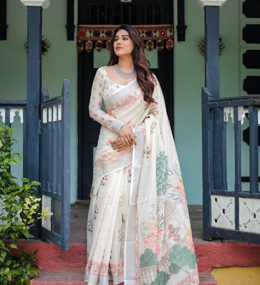 Million Brands Floral Print Bollywood Cotton Linen, Art Silk Saree(Cream)