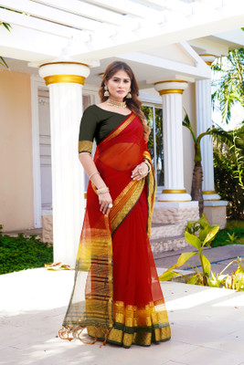 Aarunika SBT Solid/Plain Bollywood Organza Saree(Red)