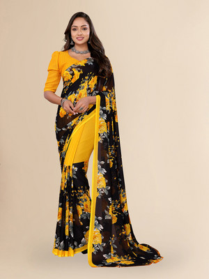 Anand Sarees Floral Print Daily Wear Georgette Saree(Yellow, Black)