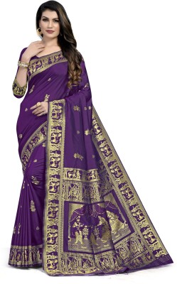 EEVLI Woven, Temple Border Baluchari Art Silk, Silk Blend Saree(Purple)