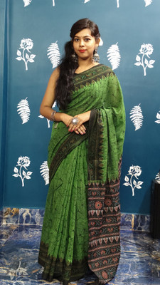 HouseOfCommon Printed Sambalpuri Pure Cotton Saree(Green)
