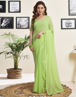 all about you Dyed, Solid/Plain Bollywood Georgette Saree(Light Green)