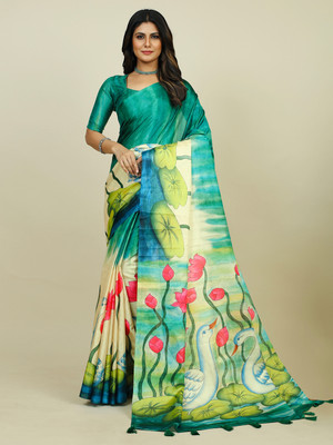Tasrika Printed Daily Wear Tussar Silk Saree(Light Green)