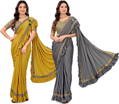 MIJAASHREE Solid/Plain Bollywood Lycra Blend Saree(Pack of 2, Multicolor)