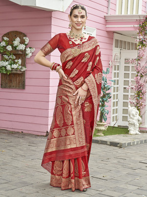 ANOUK Woven Banarasi Linen Saree(Maroon)