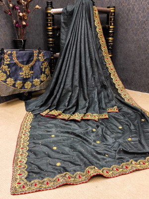 Vraj Textile Embroidered Chinnalapattu Pure Silk Saree(Grey)
